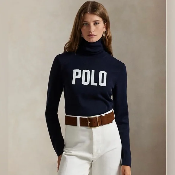 NWT Women’s Polo Ralph Lauren Logo Turtleneck Sweater in hunter navy, size large - Picture 1 of 15